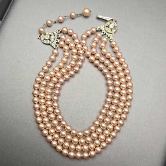 VTG Multi-Strand Faux Pearl Choker Necklace 14.5" Rhinestone Hook Clasp - Picture 10 of 10